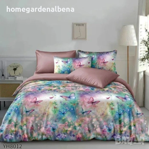 Луксозно спално бельо памучен сатен флорални десени 4 части двоен комплект с ластик