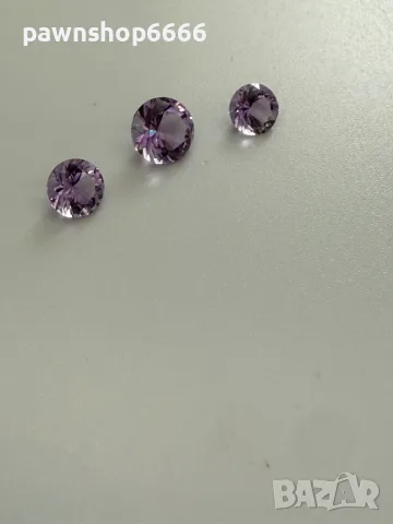 Лот естествени аметисти 3.40 ct – 3 броя, кръгъл брилянтен шлиф, отличен блясък, снимка 2 - Други - 55483152