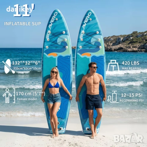 НОВ Надуваем Падълборд (SUP) SOLAVERO 335см - Синя вълна (Пълен Комплект), снимка 6 - Водни спортове - 55092883