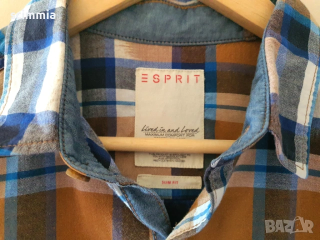 Карирана мъжка риза Esprit Slim Fit синьо и кафяво размер L 100% памук, снимка 5 - Ризи - 54810451
