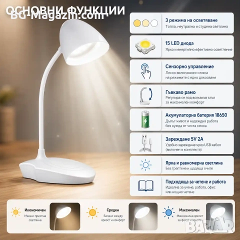 Акумулаторна LED настола лампа с лед осветление за бюро маникюр четене с чупещо рамо детска стая, снимка 2 - Лед осветление - 51049272