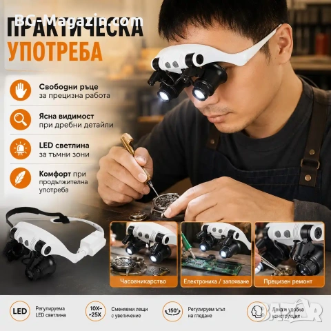 Професионална часовникарска увеличителна лупа за глава LED осветление лампа за бижутери часовникари, снимка 4 - Други инструменти - 50921208