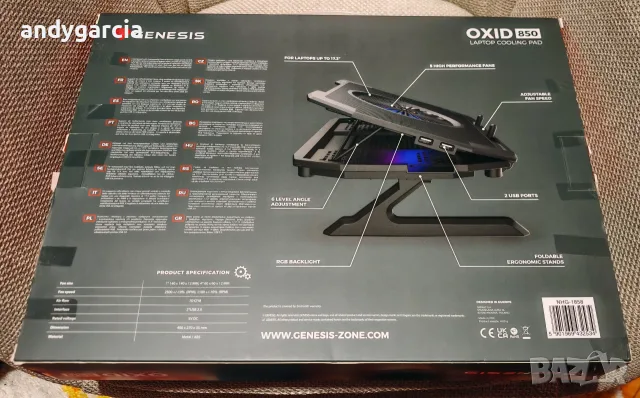 Охладителна подложка Genesis Oxid 850 за лаптопи до 17.3 инча черна RGB осветление с кутия като нова, снимка 5 - Лаптоп аксесоари - 55527282
