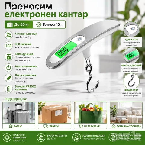 Преносим електронен ръчен кантар за самолетен багаж куфар чанта дигитален храна риболов до 50кг, снимка 8 - Везни - 50921383