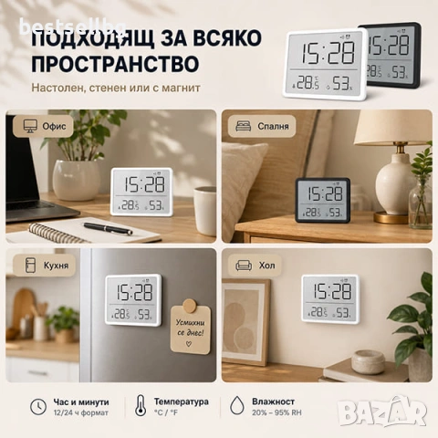 Електронен LCD часовник термометър с влагомер аларма будилник влажност, снимка 3 - Други - 40998069