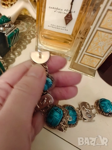 Антикварна сребърна гривна скарабей тюркоаз позлата, снимка 6 - Гривни - 54030386