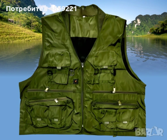 Рибарска жилетка в зелено, размери 2XL/3XL, с много джобове
