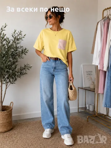 Стилна Дамска Тениска С Блестящ Джоб И Свободна Кройка👕Дамска Блуза С Къс Ръкав - 4 Цвята Код A1639