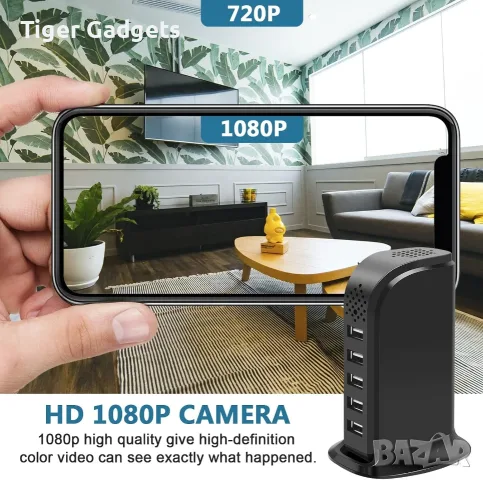 WiFi зарядна станция с вградена 1080P камера, 5×USB, Tuya Smart, Motion Detection, снимка 2 - Камери - 55562827