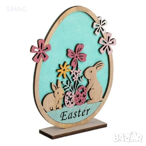 Великденска фигурка – яйце със зайчета и цветя, надпис „Easter", 17x4x22 см_1247738, снимка 3 - Декорация за дома - 54226568