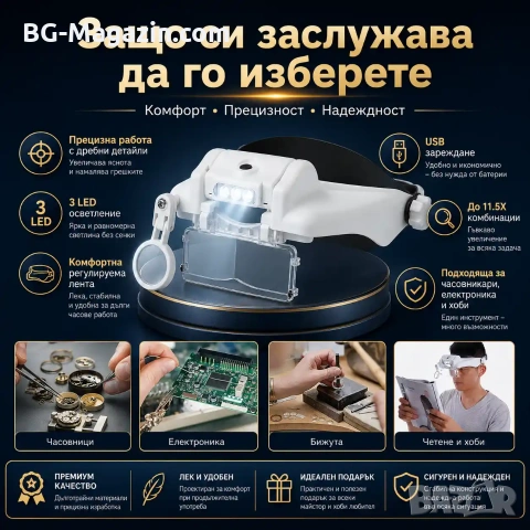Увеличителна часовникарска лупа за глава око очила с LED осветление светлина лампа бижутери мощна, снимка 4 - Други инструменти - 50919425