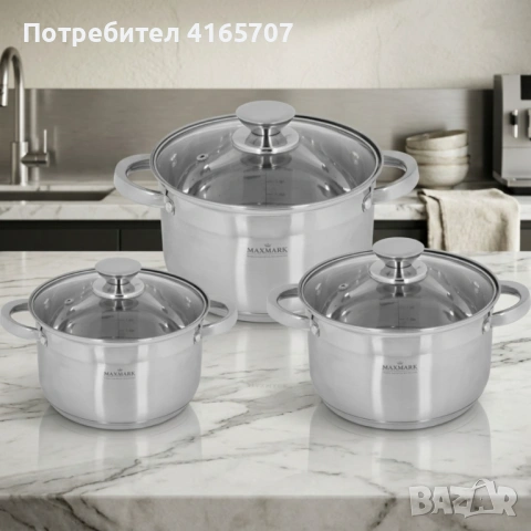 Комплект тенджери Maxmark 6 части от неръждаема стомана с многослойно индукционно дъно и стъклени ка, снимка 2 - Съдове за готвене - 54477832