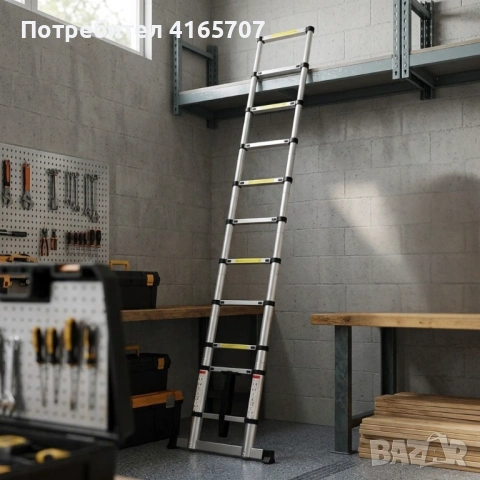 Телескопична алуминиева стълба, 3.20 м, 11 стъпала, със стабилизираща основа и чанта за пренасяне, снимка 4 - Други машини и части - 54470046