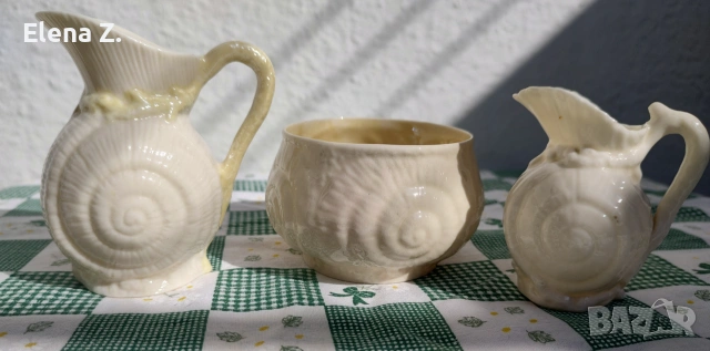 Антикварни и винтидж латиери и захарница Belleek - с морски охлюви