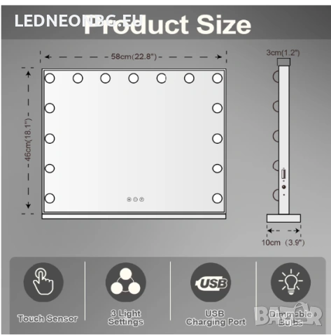 ✨HOLLYWOOD LED Козметично Огледало 58x45 см|Тъч управление |3 цвята светлина |БЕЗПЛАТНА ДОСТАВКА, снимка 5 - Други - 55096612