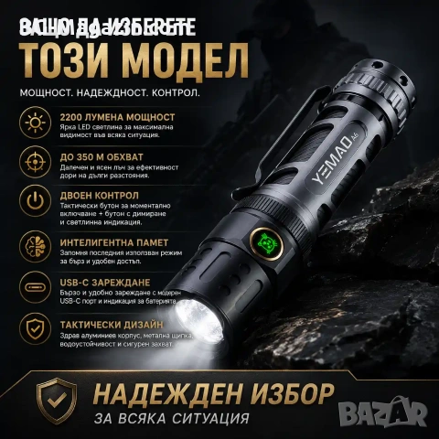 Мощен ръчен фенер YEMAO A6 – 2200 Лумена тактически дизайн USB-C и 350м обхват, снимка 5 - Къмпинг осветление - 54027505