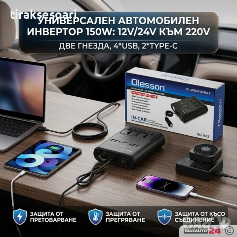 Инвертор 12V/24V към 220V 150W с 4 USB и 2 Type-C автомобилен преобразувател 1662, снимка 2 - Аксесоари и консумативи - 54360030