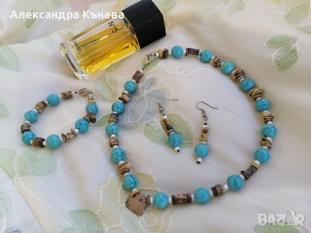 Дизайнерски комплект бижута с тюркоаз ръчна изработка + подарък, снимка 4 - Бижутерийни комплекти - 30018295