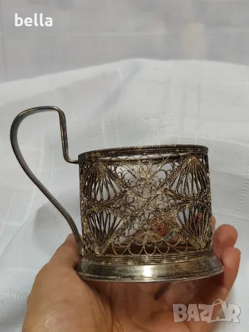 Винтидж съветски подстаканник (поставка за чаена чаша), изработен в известната ювелирна ..., снимка 2 - Други ценни предмети - 55688909