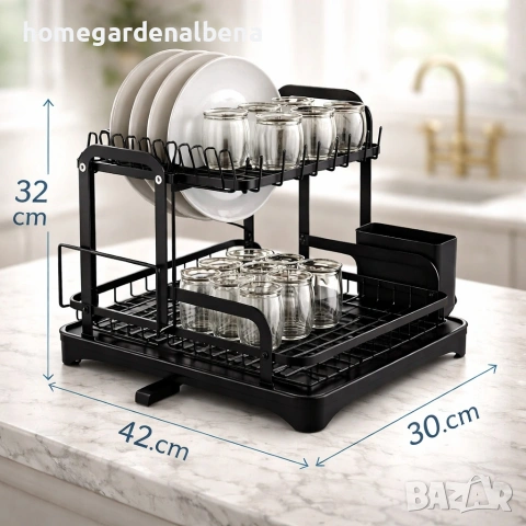 Сушилник за съдове XXL двупластов с оттичане черен стомана пластмаса 42x30x32 см, снимка 5 - Сушилни - 54166282