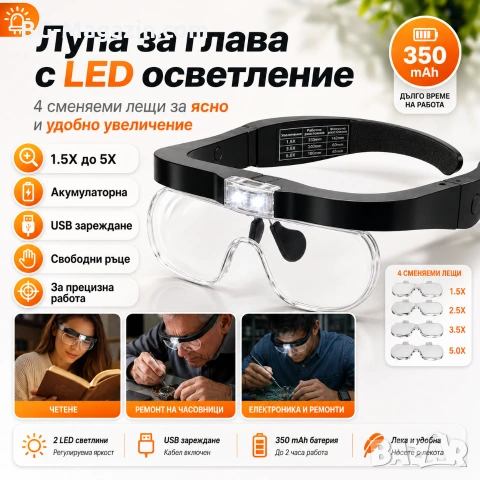 Акумулаторна увеличителна лупа за глава LED осветление очила за четене гоблени бродерия шиене мощна, снимка 10 - Други инструменти - 50919331