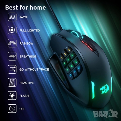 Геймърска мишка Redragon M908 Impact RGB LED MMO с 12 странични бутона, оптична, снимка 9 - Клавиатури и мишки - 54572764