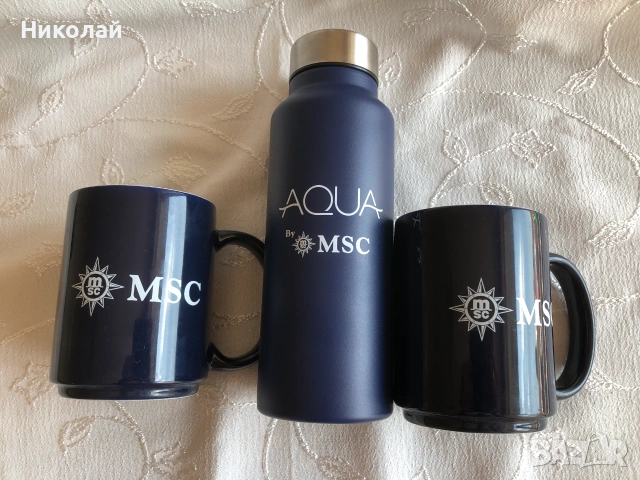 Алуминиева бутилка за вода AQUA by MSC Cruises и 2 бр. оригинални сувенирни чаши MSC Cruises, снимка 2 - Колекции - 55248946