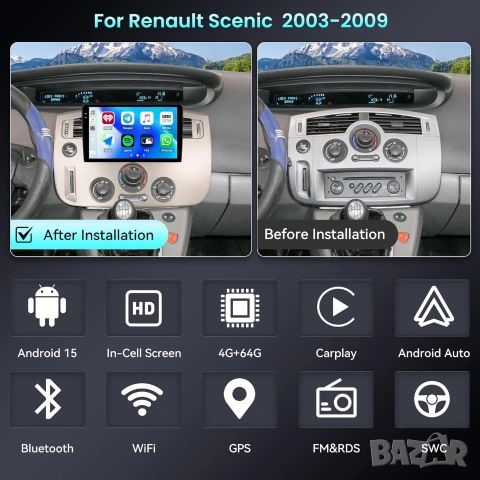 Мултимедия за Renault Scenic 2003-2009, Android, Навигация, Waze, Carplay, Андроид, двоен дин, снимка 3 - Аксесоари и консумативи - 55117362