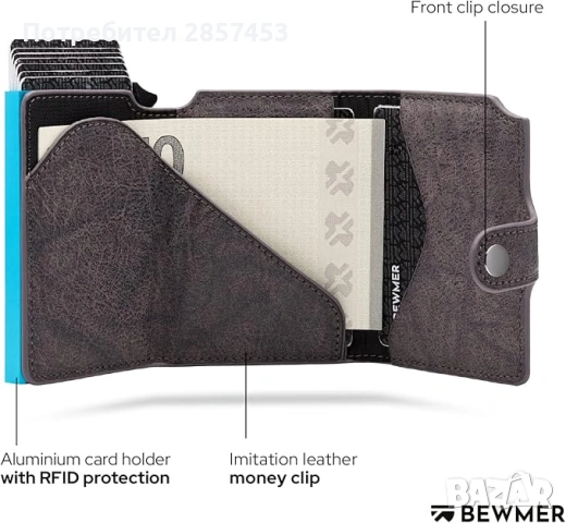BEWMER RFID card case slim wallet / money clip / black / нов, снимка 11 - Портфейли, портмонета - 54861351