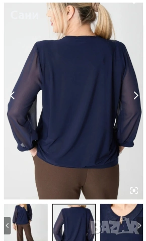 Елегантна тъмно синя блуза с яка, снимка 5 - Блузи с дълъг ръкав и пуловери - 54158454