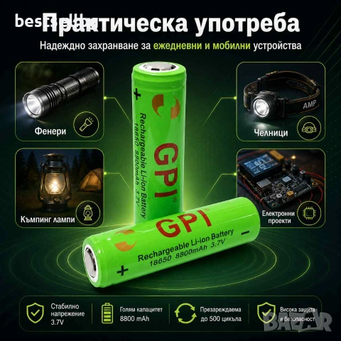 Издръжлива мощна акумулаторна батерия 18650 8800mAh 3.7V GPI Li-ion за презареждане челници фенери, снимка 3 - Къмпинг осветление - 53090651