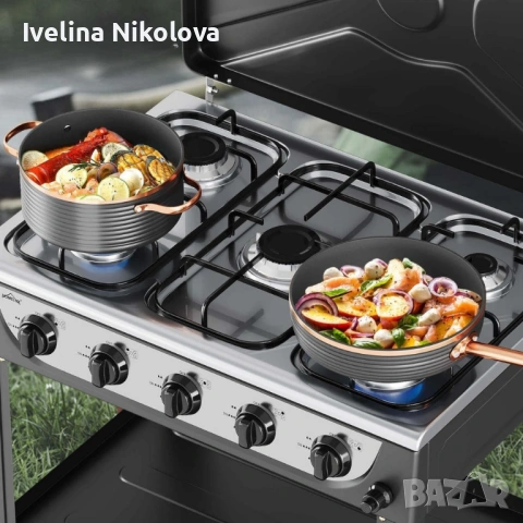 Газова печка HOMELUX с 5 котлона и стелаж на два етажа, 7.2kW, неръждаема стомана, автоматично запал, снимка 3 - Печки, фурни - 54467414