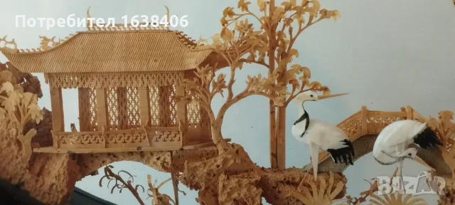 Старинна китайска диорама от корк в стъклена витрина – Ръчна изработка, снимка 5 - Декорация за дома - 55323087