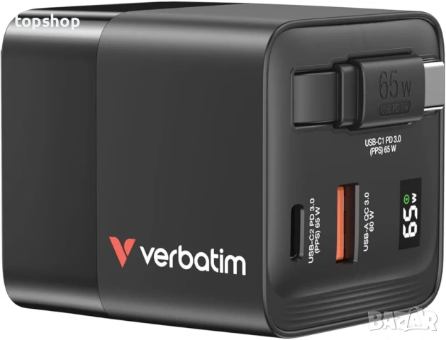 Фабрично запечатано бързо GaN зарядно Verbatim 65W с вграден прибиращ се кабел за БГ контакт , снимка 3 - Оригинални зарядни - 55243499