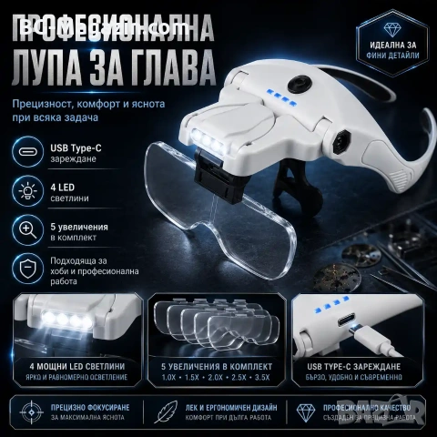 Акумулаторна лупа за глава с различни увеличения и LED осветление за четене шиене бродиране гоблени
