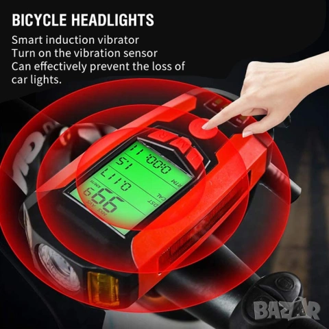 Фар за колело с километраж, фар за велосипед, презареждаем, компютър, сирена, клаксон, батерия, снимка 7 - Аксесоари за велосипеди - 54230411