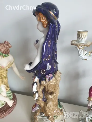 Meissen фигура 49см-2,4кг/еротика/Майсен порцеланова статуетка на момиче с цветя и бухал, снимка 3 - Статуетки - 55606482