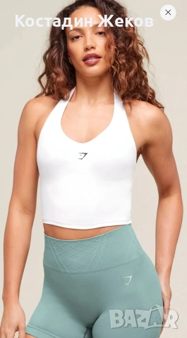 Нов дамски оригинален бял кроп топ Gymshark Halter Neck Cami with Shelf 