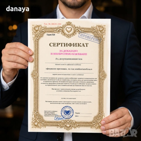 6657 Подарък за влюбени Любовен сертификат, оригинален подарък грамота, A4, снимка 2 - Ученически пособия, канцеларски материали - 54477747