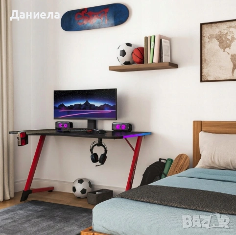 Геймърско бюро с RGB LED подсветка, карбонов плот и стоманена Z-конструкция, 120 см, черно/червено, снимка 5 - Бюра - 54696842