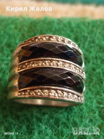 Сребърен пръстен тип халка с черен ОНИКС и малки диаманти 28660, снимка 2 - Пръстени - 54025955