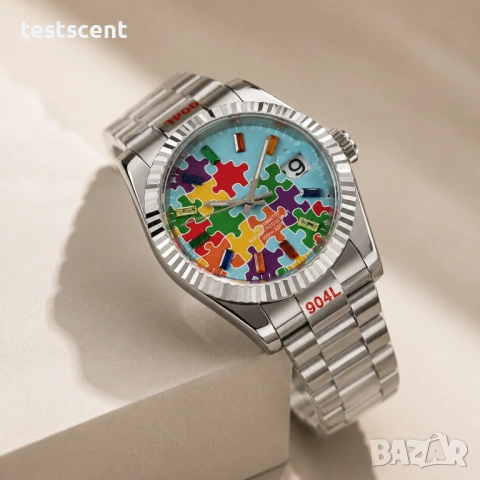 Автоматичен часовник 39mm Automatic Watch Jigsaw Puzzle Dial Sky Blue пъзел небесено син, снимка 7 - Мъжки - 54782230
