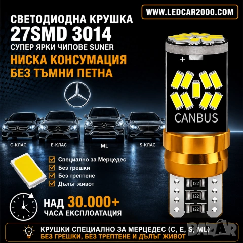 LED T10 CANBUS 27 SMD 3014 за Mercedes – Без грешки, Без трептене