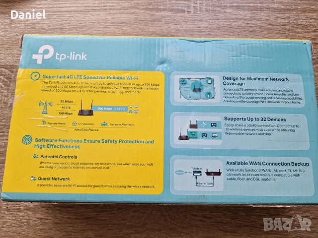 TP-Link 4G LTE Рутер за Sim карта TL-MR100, снимка 2 - Рутери - 54491416