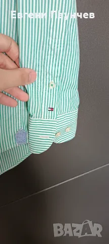 Tommy Hilfiger размер М мъжка риза Slim fit зелени райета , снимка 4 - Ризи - 55414130