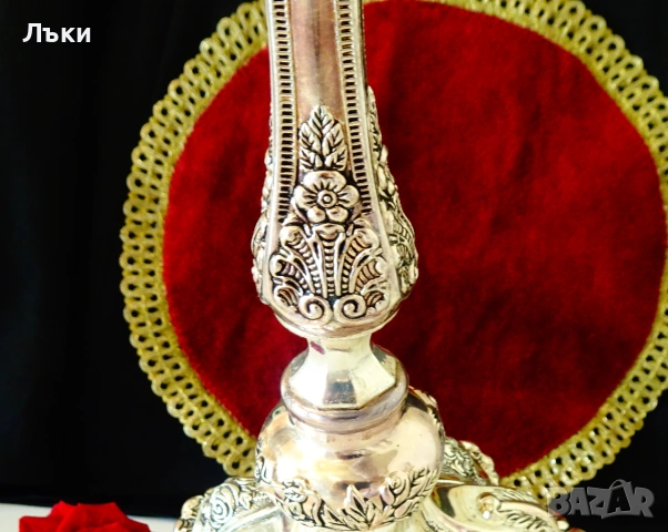 Посребрен свещник,рози,орнаменти,36 см.,1 кг. , снимка 4 - Антикварни и старинни предмети - 54962394