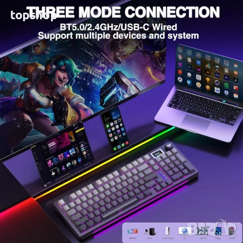 Чисто нова механична Клавиатура AULA S98 Pro – LCD Смарт Екран, Ролер, Безжична (Tri-mode)  , снимка 4 - Клавиатури и мишки - 54478256