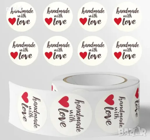 100 бр HandMade with love ❤ бели малки самозалепващи лепенки стикери ръчна изработка подарък