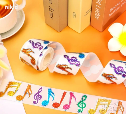 100 бр Ноти нота музика холограмни самозалепващи лепенки стикери ръчна изработка за подарък, снимка 4 - Други - 54185021