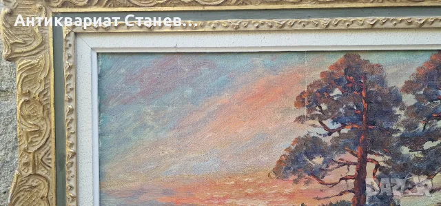 🌲 ВПЕЧАТЛЯВАЩ СКАНДИНАВСКИ ПЕЙЗАЖ – МАСЛЕНА ЖИВОПИС В БОГАТА ДЕКОРАТИВНА РАМКА 🇸🇪🎨, снимка 3 - Антикварни и старинни предмети - 55304511
